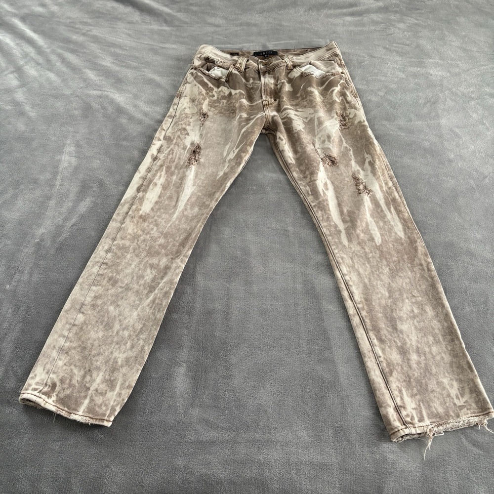Akoo Bleach Splatter Distressed Ripped Mens Jeans Brown‎ White Denim 34x32